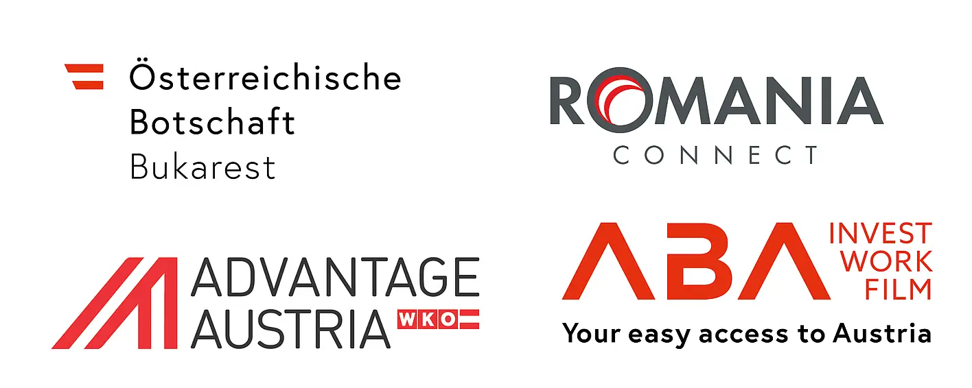 Logos Österreichische Botschaft Bukarest, Romania Connect, Advantage Austria und Austrian Business Agency