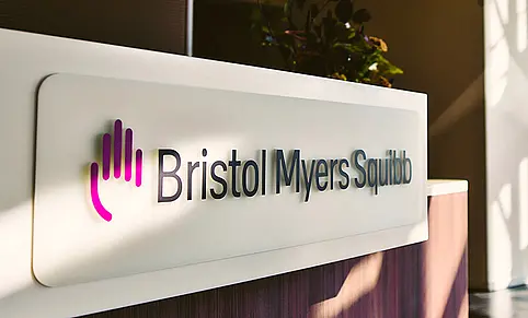 reception and entry area of Bristol Myers Squibb with logo