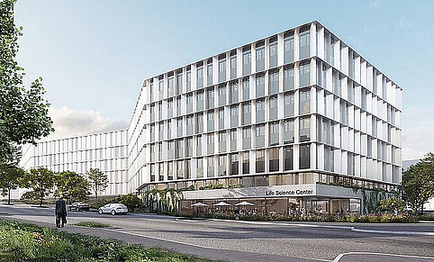 Visualisierung des geplanten Life Science Center Vienna mit moderner Glasfassade und begrüntem Außenbereich