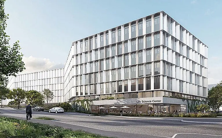 Visualisierung des geplanten Life Science Center Vienna mit moderner Glasfassade und begrüntem Außenbereich