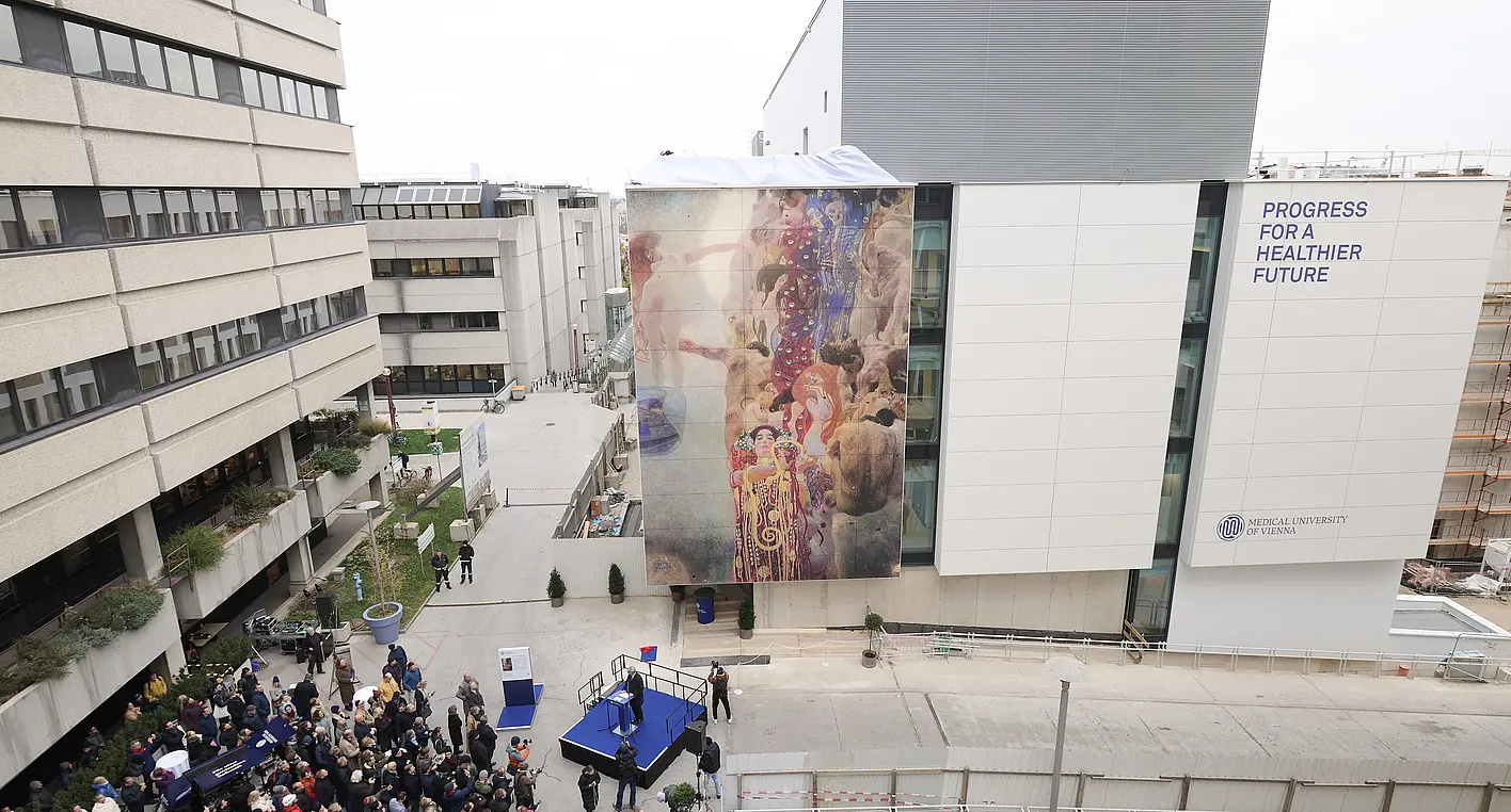 Gustav Klimt’s “Medicine” and the motto “Progress for a Healthier Future” highlight the connection between scientific tradition and medical innovation on campus.