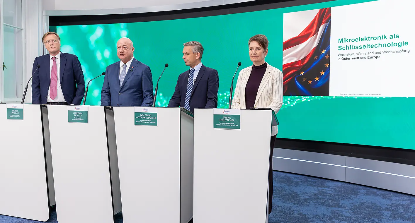 From left to right: Infineon Group CEO Jochen Hanebeck; Federal Minister Wolfgang Hattmannsdorfer; Federal Chancellor Christian Stocker; and Infineon Austria CEO Sabine Herlitschka